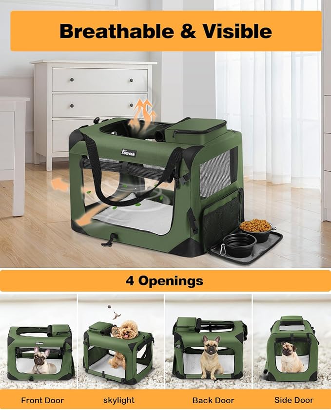 Extra Large Dog Crate with 2 Foldable Bowl, 36 Inch Collapsible Travel Dog Crate Kennel with Soft Blanket for Medium Dogs,Indoor & Outdoor (36" L x 25" W x 25" H, Green)-PawvioPets