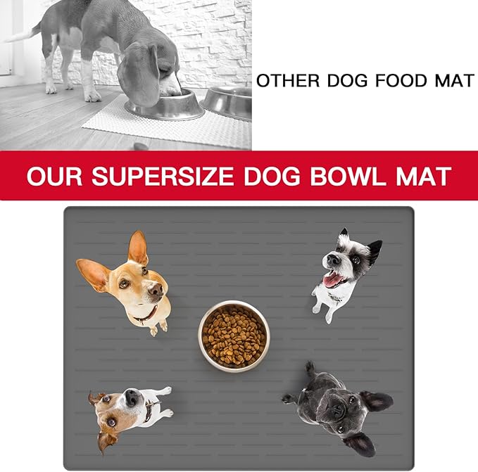 32" x 24" Large Pet Food Mat, Silicone Dog Mats for Food and Water, Nonslip Pet Feeding Mats for Floors,Dog Cat Bowl Mat with Raised Edges, Gray White-PawvioPets