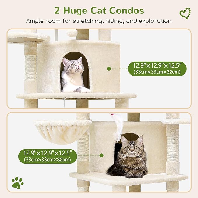 Globlazer Corner Cat Tree for Large Cats, 66inch Tall Curved Series Large Cat Tower for Multiple Indoor Cats with 6 Scratching Posts, 2 Spacious Cat Condos, Hammock, Hanging Basket, C66, Beige-PawvioPets