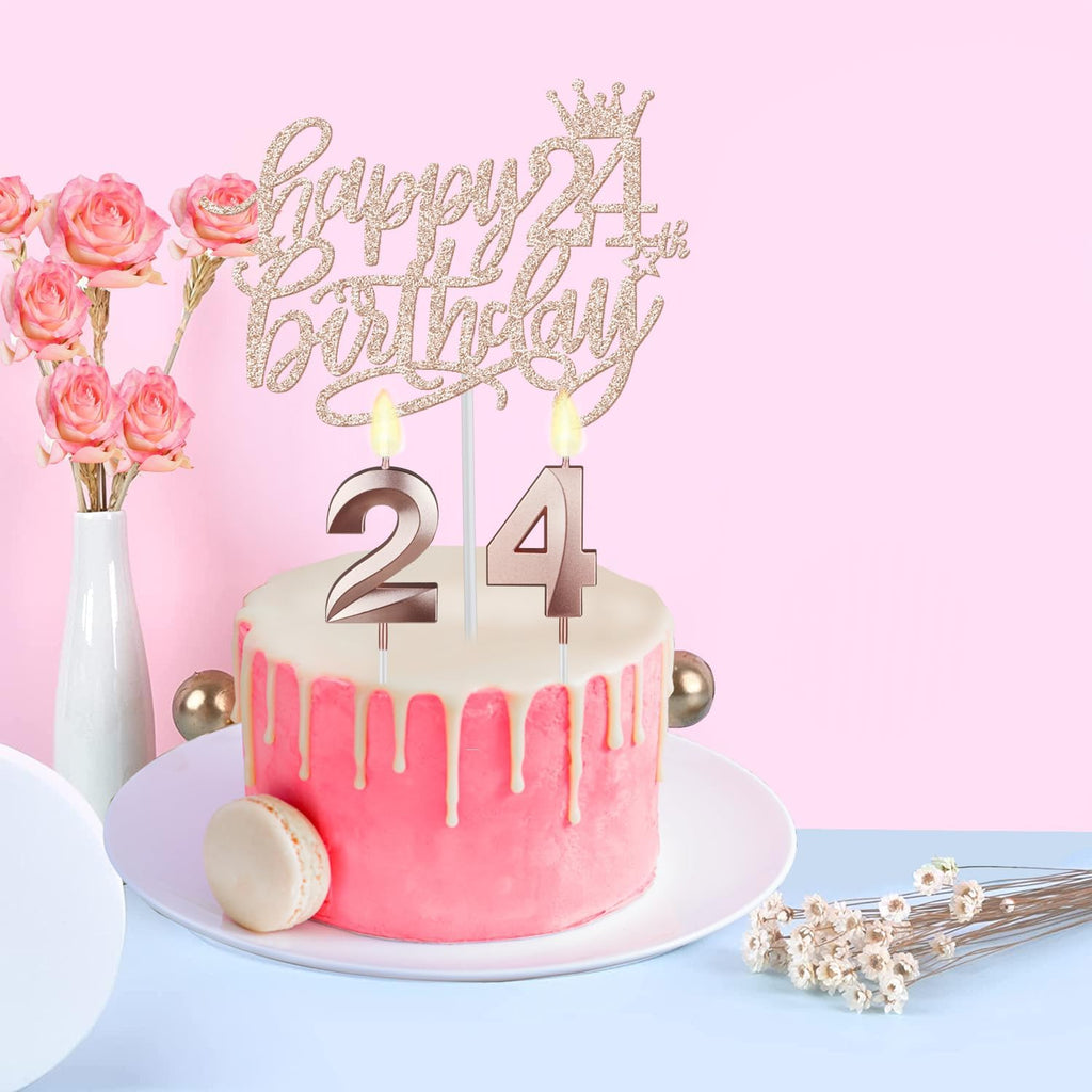 24th Birthday Decorations for Women Including Birthday Sash, Tiara/Crown, Numeral Candles and Cake Topper, 24 Year Old Gifts for Women, Rose Gold Party Decor Supplies