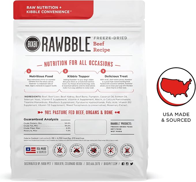 BIXBI Rawbble Freeze Dried Dog Food, Beef Recipe, 12 oz - 98% Meat and Organs, No Fillers - Pantry-Friendly Raw Dog Food for Meal, Treat or Food Topper - USA Made in Small Batches-PawvioPets