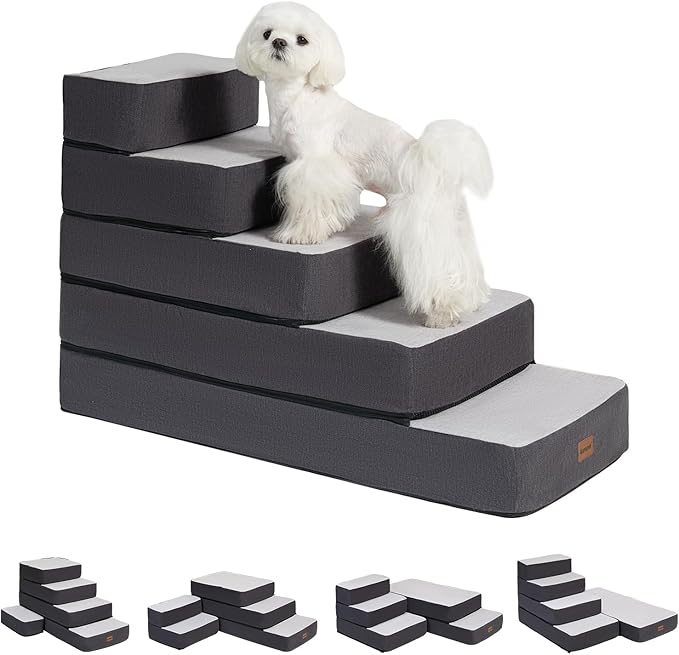 5-Step Adjustable Dog Stairs for High Beds, Dog Steps for Small Dogs and Cats, Foldable Pet Stairs for Bed Climbing, Non-Slip Pet Step Indoor, Grey-PawvioPets
