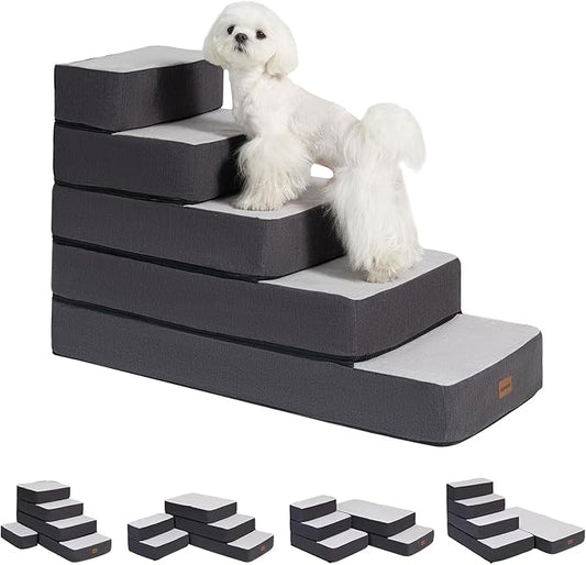 5-Step Adjustable Dog Stairs for High Beds, Dog Steps for Small Dogs and Cats, Foldable Pet Stairs for Bed Climbing, Non-Slip Pet Step Indoor, Grey-PawvioPets