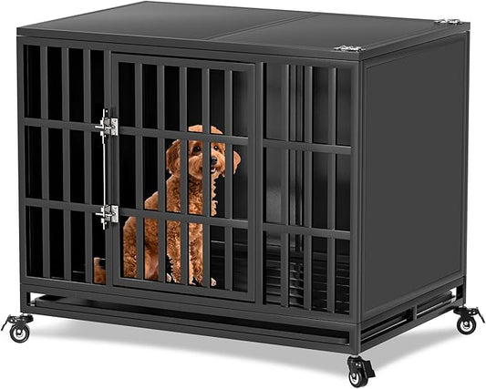 38 inch Heavy Duty Dog Crate with Self-Locking Latch, Indestructible Steel Large Kennel with Enclosed Design, Chew-Proof and Escape-Proof Pet Cage for High Anxiety Dogs-PawvioPets