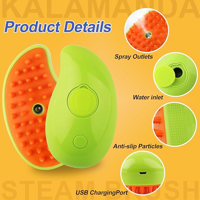 3 in 1 Cat Steamer & Brush - Silicone Massage Grooming Tool, Pet Hair Cleaning Comb for Cats & Dogs (Mango Green)-PawvioPets