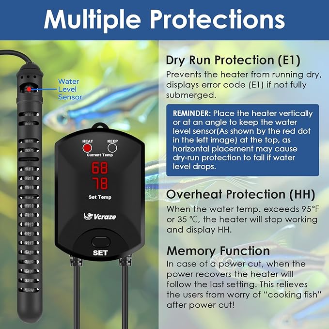 Aquarium Heater 300W Fish Tank Heater with External Thermostat (Dual Digital Display), Turtle Heater for Tanks 40-75 Gallons, Dry-Run/Overheating Protection and Memory Function-PawvioPets