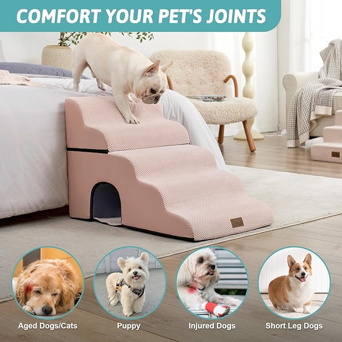 Extra Wide Dog Stairs with Tunnel, Detachable Large Pet Step for Small Medium Dog, Puppy or Cat, Ramp for High Bed, Couch, Sofa or Car, Stable, 19.7x33x22.4 inch, 5 Step, Pink-PawvioPets