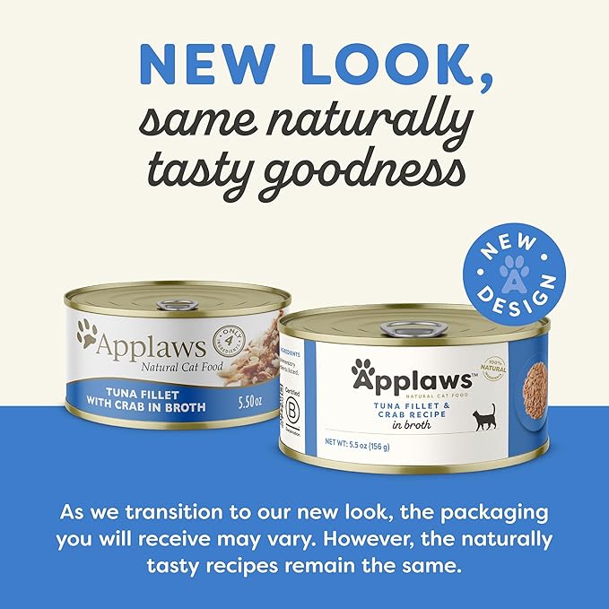 Applaws Natural Wet Cat Food in Broth, Limited Ingredient Canned Wet Cat Food, No Additives, Made with Natural Ingredients, Tuna Fillet & Crab in Broth (24 x 5.5oz Cans)-PawvioPets