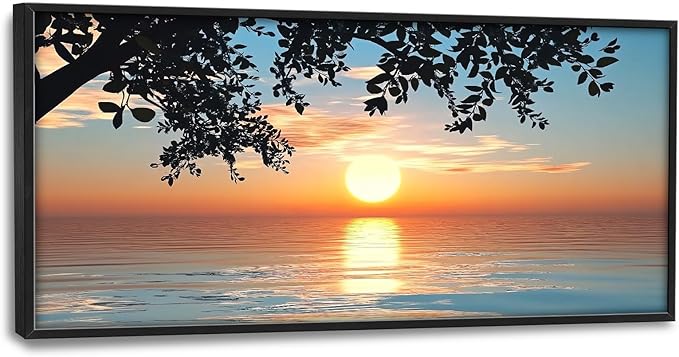 Framed Large Lake Sunset Wall Art, Oversized Natural Landscape Wall Decor for Living Room, Tree Leaves Canvas Painting Pictures Home Decoration for Living Room Bedroom Office 60"x30"-PawvioPets
