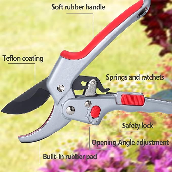 Garden clippers, premium Germany pruners, Work 3 times easier, professional ratchet pruning shears, cutting rose, flower, hedge, stem, tree, Sharp gardening scissors, Arthritis weak hand snips-PawvioPets