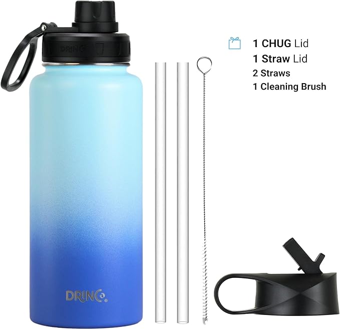 DRINCO Stainless Steel Water Bottle Spout Lid Vacuum Insulated Double Wall Water Bottle Wide Mouth (40oz 32oz 22oz 18oz 14oz) Leak Proof Keeps Cold or Hot (32 oz, 32oz Morning Sky Blue)-PawvioPets