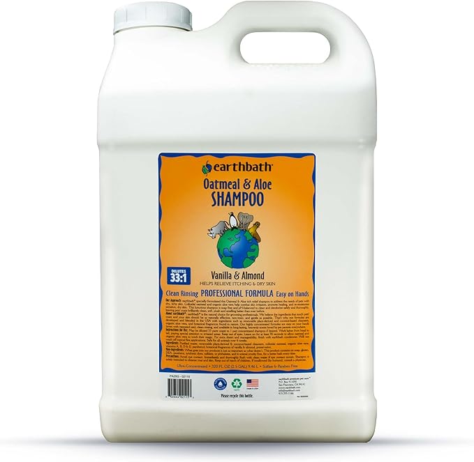 earthbath Oatmeal and Aloe Dog Shampoo- Oatmeal Shampoo for Smelly Dogs, Dog Wash in Bulk, Helps Itchiness and Dry Skin, Shampoo for Pet Grooming, Dilutes 33:1- Vanilla and Almond, 2.5 Gallon (1 Pack)-PawvioPets