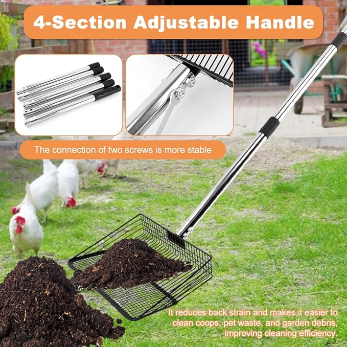 10inch Chicken Poop Scooper, Chicken Coop Scoop for Poop, 4 Sections Extended with 22 to 77inch Stainless Steel Adjustable Handle, Litter Scooper Sifting Shovel-PawvioPets