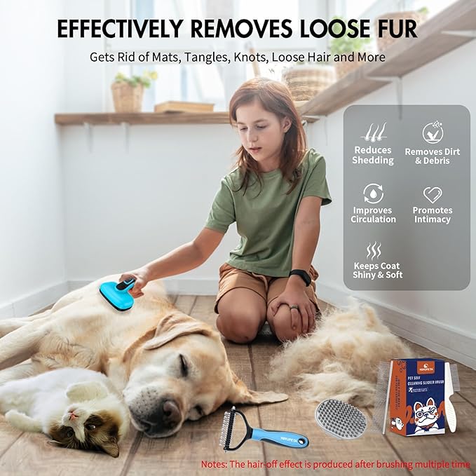 5 PCS Dog Grooming Brush Kit – Self Cleaning Slicker Brush for Shedding Short & Long Haired Dogs & Cats. Removes Loose Fur, Undercoat, Mats, Tangles. Suit for Small, Medium & Large Pets. Blue-PawvioPets