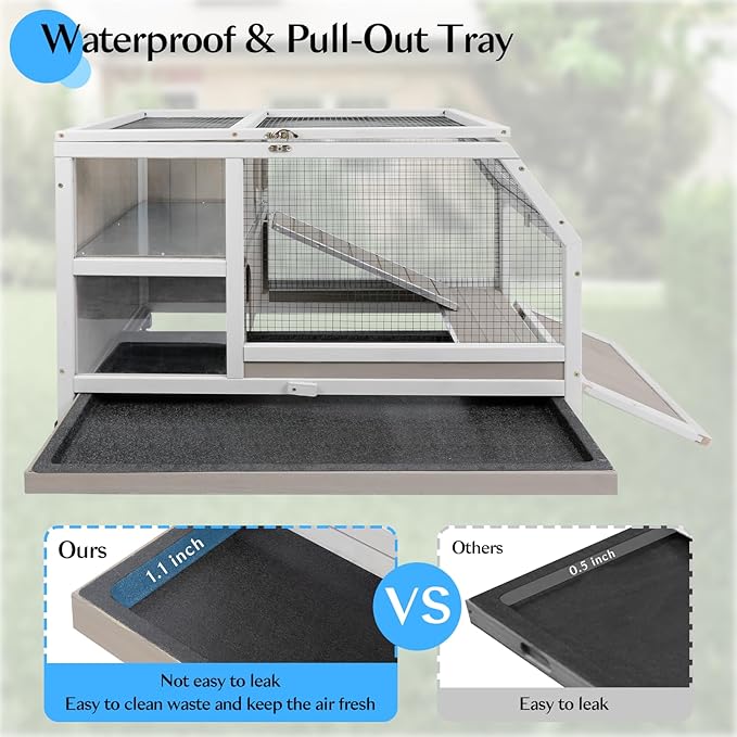 36''L Rabbit Hutch Outdoor with Casters and Run, Wooden Indoor 2 Story Guinea Pig Cage with Divider Panel, Pull Out Tray, Rabbit Duck Bunny House for Small to Medium Animals and Pet Lover, Gray-PawvioPets
