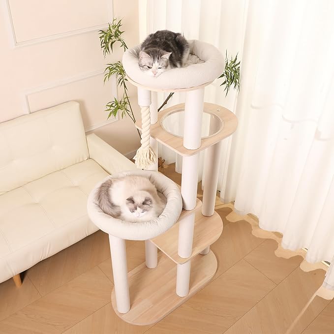 59" Modern Cat Tree Multi-Level Large Cat Tower Heavy Duty Cat Tree with Hammock,Cotton Scratching Post and Washable Cushions-PawvioPets