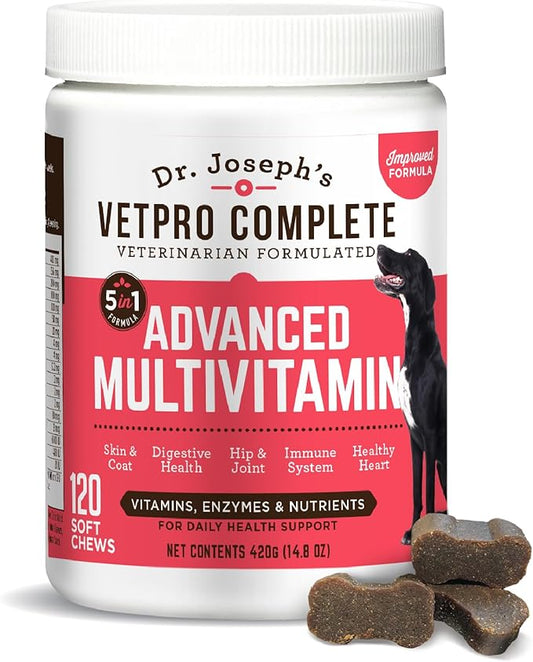 Dr. Joseph's VetPro Complete Multivitamin Dog Supplement, 120 Count (Large Dog 60 Day Supply), 5in1 Chew with Vitamins, Enzymes & Nutrients, Hip & Joint Health, Immune System & Allergy Support-PawvioPets