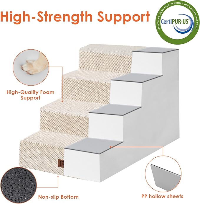EHEYCIGA Dog Stairs for Bed 20" H, 4-Step Extra Wide Dog Steps for High Bed, Pet Steps for Small Dogs and Cats, Non-Slip Balanced Pet Ramp Indoor, Beige-PawvioPets