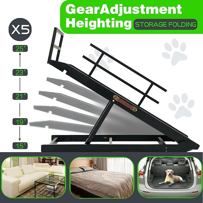 Dog Ramp for Bed, Dog Stairs for Small and Large Dogs, Portable Dog Steps for Bed, Couch, Car, Adjustable Folding Pet Ramp, Upgrade Rubber Pet Steps, Supports up to 210 lbs (Medium-Brown)-PawvioPets