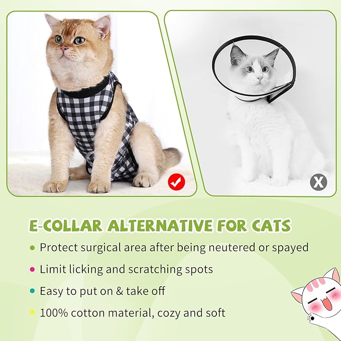 2 Packs Cat Surgery Recovery Suit Surgical Clothes Abdominal Wounds Anti-Licking Cat Bodysuit Onesie Substitute E-Collar& Cone-PawvioPets