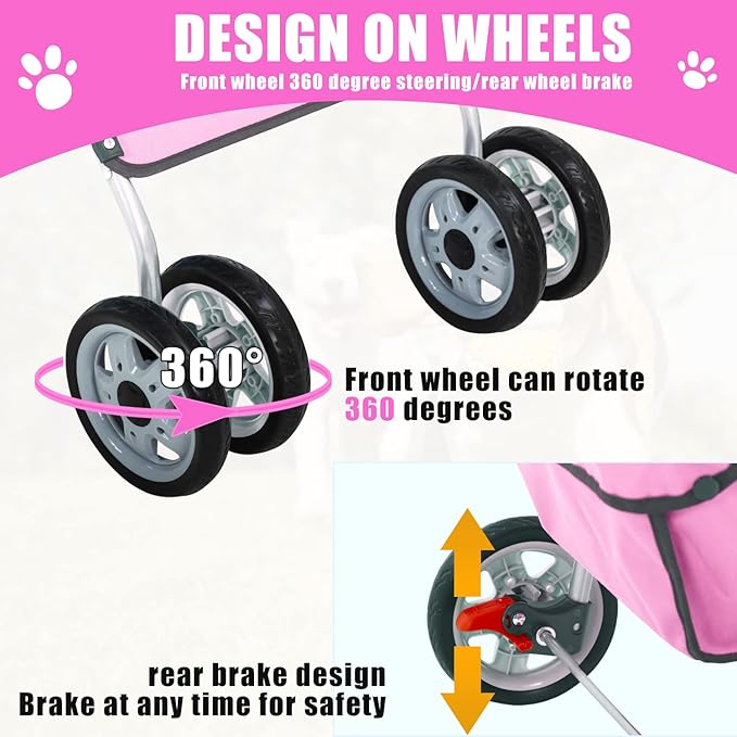 Dog Stroller, Folding 4 Wheels Pet Stroller for Small Medium Dog Cat Travel Carrier with Weather Cover Storage Basket Cup Holders Pink-PawvioPets
