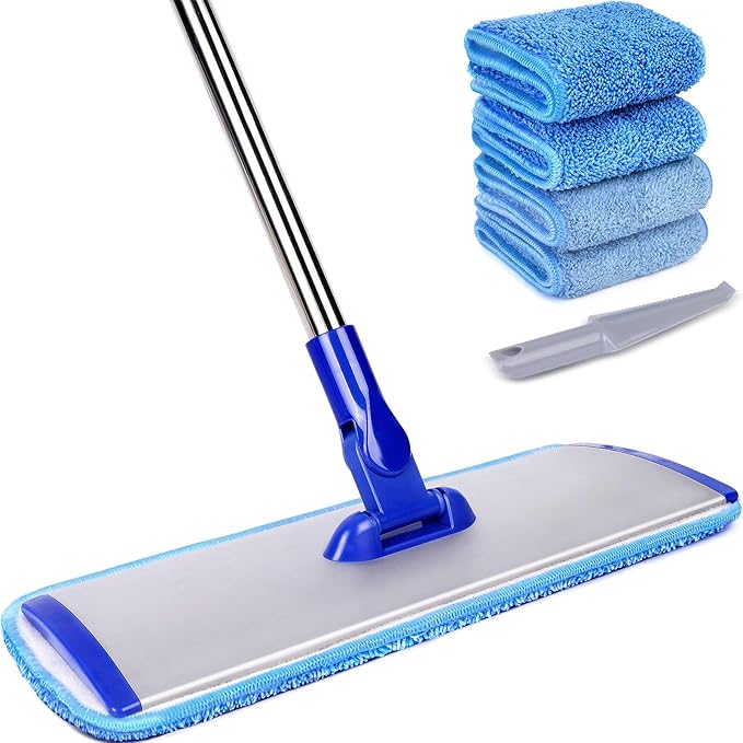 18" Professional Microfiber Mop Floor Cleaning System, Flat Mop with Stainless Steel Handle, 4 Reusable Washable Mop Pads, Wet and Dust Mopping for Hardwood, Vinyl, Laminate, Tile Cleaning-PawvioPets