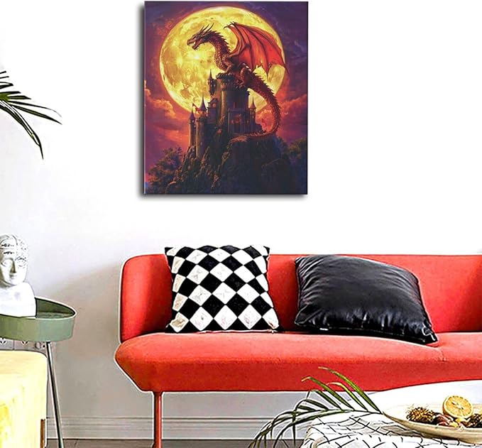 Dragon Bathroom Pictures Wall Art, Red Dragon Castle Bathroom Wall Decor, Framed Painting Canvas Artwork for Bedroom Living Room Decorations 24"L x 20"W-PawvioPets