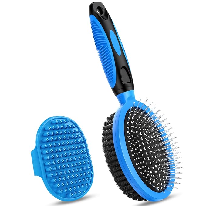 2PCS Pet Grooming Tools - Double-Sided Brush for Shedding and Bathing, Suitable for Short/Long Haired Dogs Cats and Horses, Deshedding Dog Brush, Mane & Tail Combs for Horses - Pet Supplies (Blue)-PawvioPets