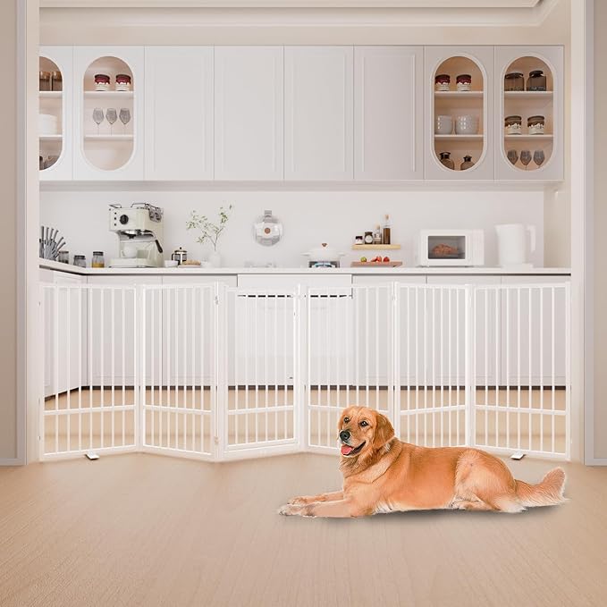 Full Metal Freestanding Dog Gate with Door, 36''Height Foldable Pet Dog Fence for Indoor & Outdoor, 6 Panels Extra Wide Free Standing TallDog Gates for Doorways,House,Stairs,Porch,Deck,Yard-PawvioPets