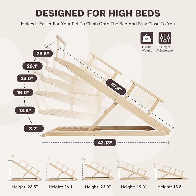 Dog Ramp for Bed PANTAZO Adjustable Ramps for Small Dogs to Get on Bed, Up to 28.5 Inches, 48'' Long,120lbs with Anti-Slip Grip & Safety Rail-PawvioPets