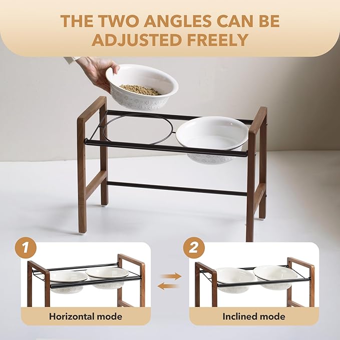 8.7inch Ceramic Adjustable Raised Double Bowls Set with Stand, 3 Heights Elevated, 2 Placement Options, Food and Water Dishes for Large Dog(Double Bowls+Stand, Reactived Glaze -White)-PawvioPets