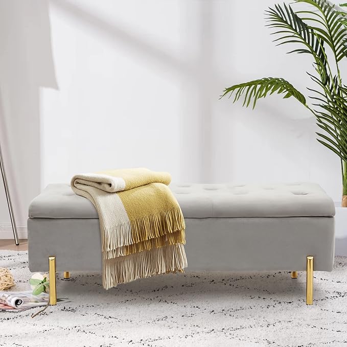 45.6 Inch Velvet Storage Bench, Tufted Upholstered Ottoman with Storage, Bedroom Living Room Entryway Rectangular Accent Bench, Grey-PawvioPets