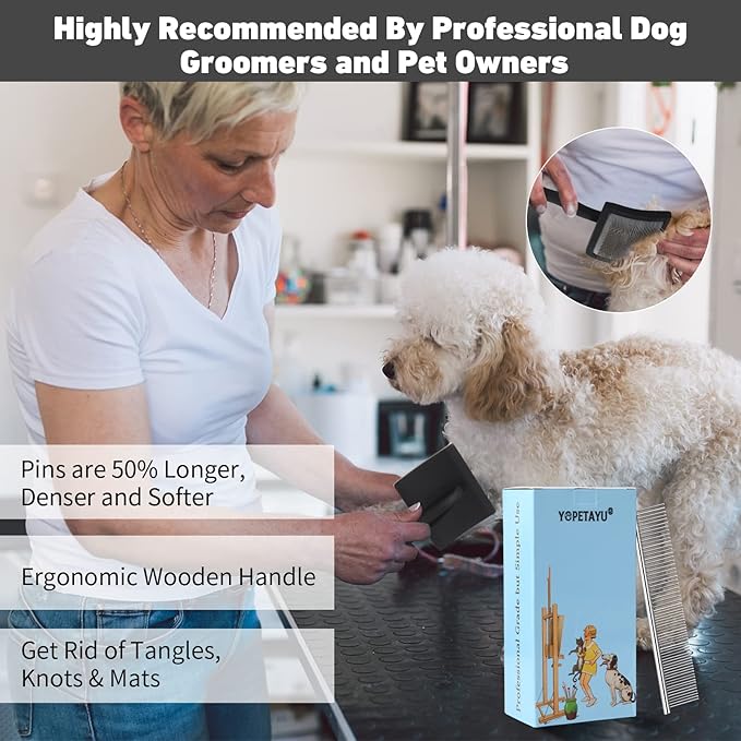 Dog Slicker Brush for Shedding and Grooming Medium or Long Haired Cats, Extra Long & Soft Pin Slicker Brush for Removes Loose Hair, Tangles, Knots, Undercoat, Free Pet Comb, Large Black-PawvioPets