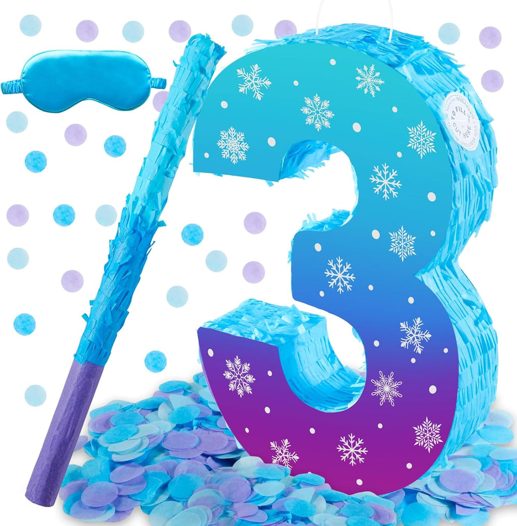 Snowflake Birthday Decorations, Winter Ice Snowflake Number 3 Pinata with Stick Blindfold and Confetti Snowflake Piñata 3rd Birthday Party Decoration & Supplies (Snowflake 3)