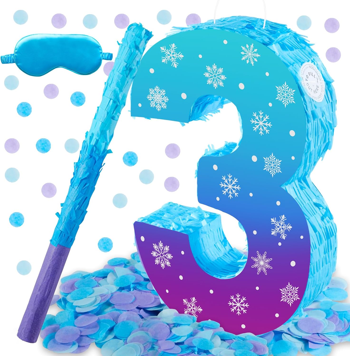 Snowflake Birthday Decorations, Winter Ice Snowflake Number 3 Pinata with Stick Blindfold and Confetti Snowflake Piñata 3rd Birthday Party Decoration & Supplies (Snowflake 3)