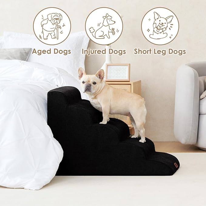 EHEYCIGA Curved Dog Stairs Ramp for High Beds 22.6" H, 5-Step Dog Steps for Small Dogs and Cats, Pet Stairs for High Bed Climbing, Non-Slip Balanced Pet Step Indoor, Black-PawvioPets