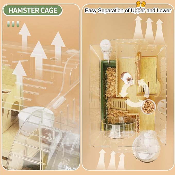8 in 1 Clear Acrylic Hamster Cage with All Accessories,13.5''L* 10''W* 13''H Dwarf Hamster Cage,Small Hamster Habitat,Garden Style Mouse Cage for Pet Mice,Hamster Enclosure with Stairs(1-Layer)-PawvioPets