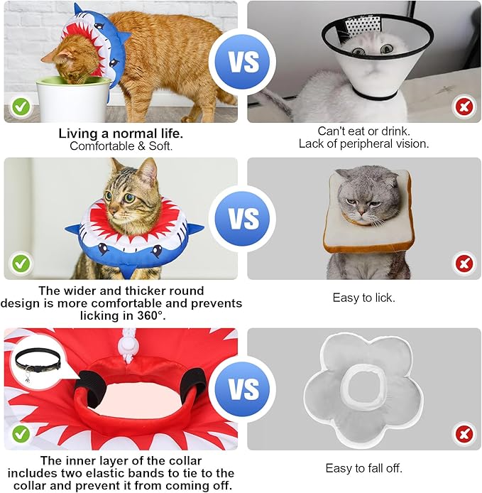 BEAUTYZOO Cat Cone Collars Soft, Cat Recovery E Collars After Surgery to Stop Licking, Adjustable Elizabeth Circle Collar Cute Pet Donut Pillow for Cats Kitten Small Dogs, Cute Shark S-PawvioPets