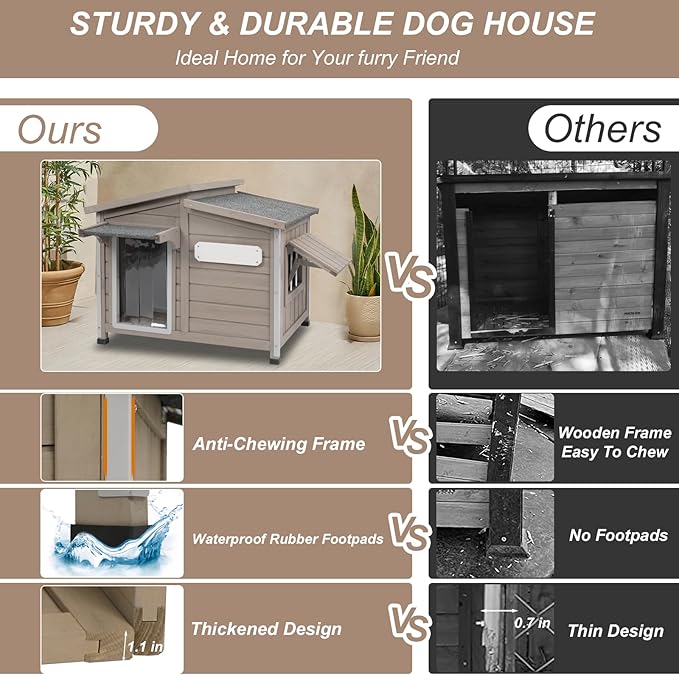 43" L Outdoor Extra Large Dog House with Removable Floor, Raised Feet, Anti-Chewing Iron Frame – Wooden Kennel with Asphalt Roof, Window for Indoor/Outdoor Use, Ideal for Medium to Large Dogs-PawvioPets
