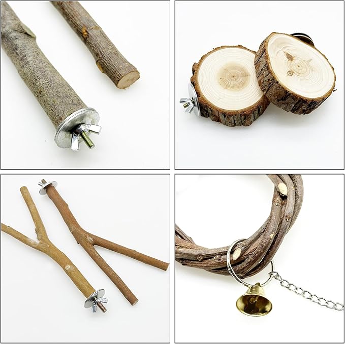 Allazone 10 PCS Natural Parrot Perch Bird Cage Accessories, Bird Platforms, Wood Stands, Grinding Fork Parakeet Platform for Small Lovebirds Budgies Cockatiels-PawvioPets