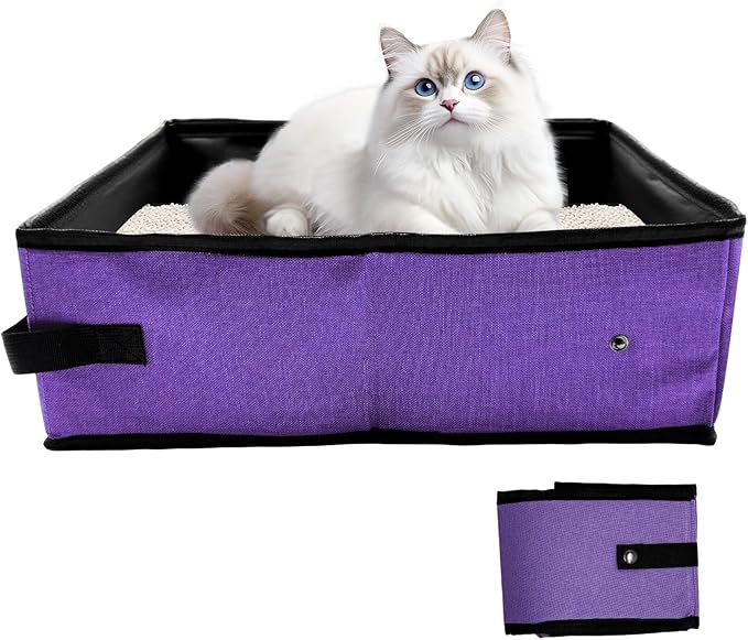 Foldable Travel Litter Box for Cats, Waterproof Portable Cat Travel Litter Box Collapsible, 15.75 * 11.82 * 3.94 Inches, Traveling & Camping Cat Supplies - Purple-PawvioPets