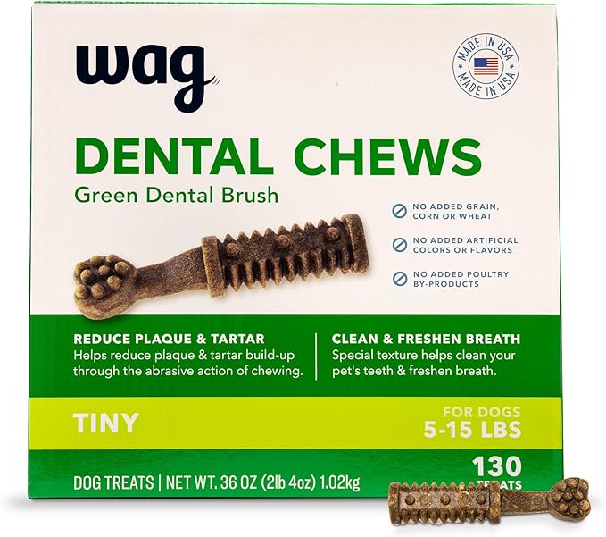 Amazon Brand - Wag Dental Dog Treats to Help Clean Teeth & Freshen Breath Tiny, 2.25 pounds, Unflavored - 130 Count, Pack of 1-PawvioPets