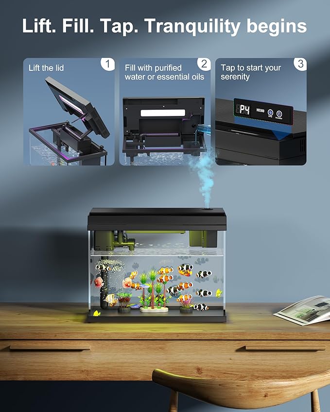 Fish Tank Aquarium Kit, 2.38 Gallon Beta Fish Aquariums, UHD Glass,Temperature Sensing, 7-Color Lighting Small Fish Tank for Kids/Desktop Decor-PawvioPets