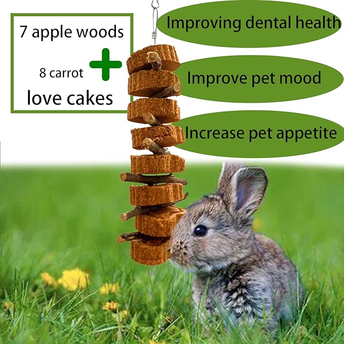 Bunny Carrot Cake Chew Toys,Rabbit Teeth Grinding Hanging Chinchillas Molar Toy Improve Dental Health Natural Apple Sticks for Guinea Pigs Rats Hamsters Gerbils(4 Packs)-PawvioPets