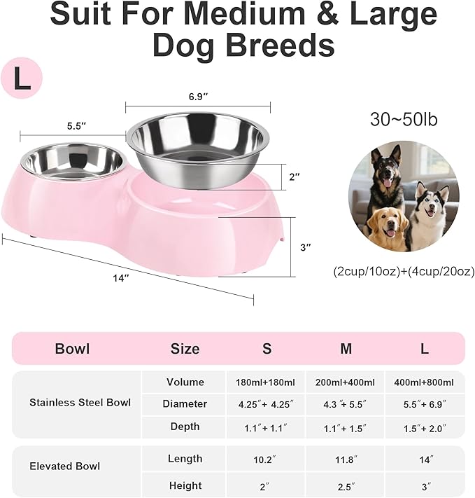 Elevated Dog Bowls Set - Non-Slip Raised Pet Feeder with Medium (10 oz) & Large (20 oz) Stainless Steel Bowls - Includes Durable Resin Stand for Puppies, Adult Dogs & Cats - Pink-PawvioPets