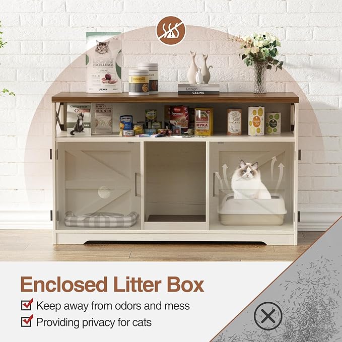 Cat Litter Box Enclosure for 2 Cats, 47" Double Hidden Litter Box Furniture with Scratch Pad, Farmhouse Indoor Litter Box Cabinet Cat Washroom, White-PawvioPets