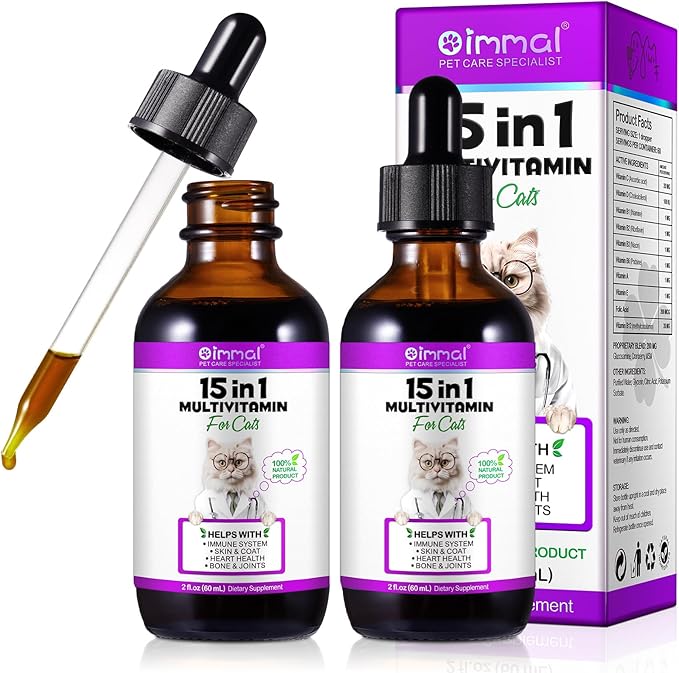 2PCS Liquid Multivitamin for Cat, 15 in 1 Cats Multivitamin Liquid Drops Supplements for Skin & Coat, Heart Health, Bones and Joint, Cat Vitamins with Glucosamine and MSM, Immune System Support-PawvioPets