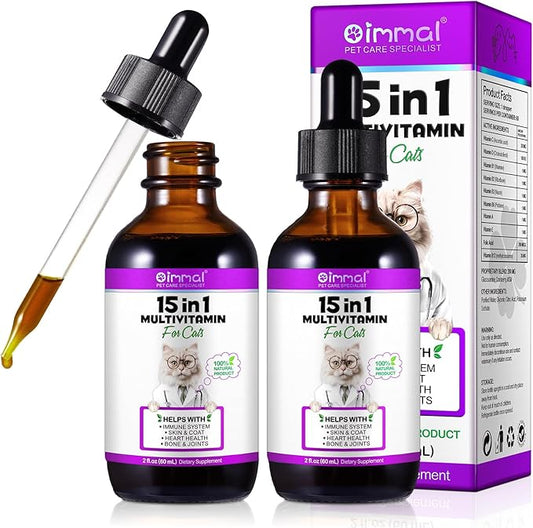 2PCS Liquid Multivitamin for Cat, 15 in 1 Cats Multivitamin Liquid Drops Supplements for Skin & Coat, Heart Health, Bones and Joint, Cat Vitamins with Glucosamine and MSM, Immune System Support-PawvioPets
