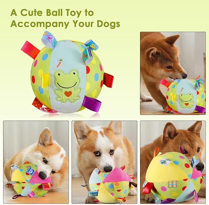 Dog Squeaky Plush Toy with Straps, 6-Inch Soft Stuffed Ball with Cotton Material and Bell Built-in, Pet Interactive Fetch Toy for Small to Large Dog-PawvioPets