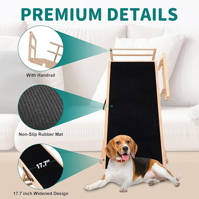 Dog Ramp for Bed, Adjustable Pet Ramps for Dog to Get on Bed, Non-Slip Rubber Surface - Folding Wooden Dog Ramp for Small/Large/Old Dogs, Adjustable up to 23.5 inch High Beds, Safety Railings-PawvioPets